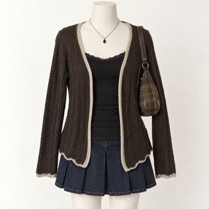 Brown Open Knit Cardigan Womens M Boho Lagenlook Fairy Grunge Cozy Layering